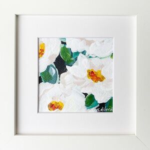 Framed Original Floral Painting White Wild Roses Green Background Signed 7x7